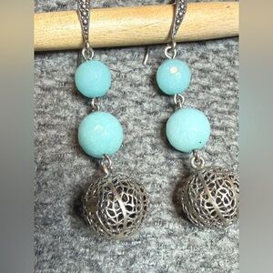 Natural Turquoise & Burnished Silver Pierced Ball Dangle Earrings